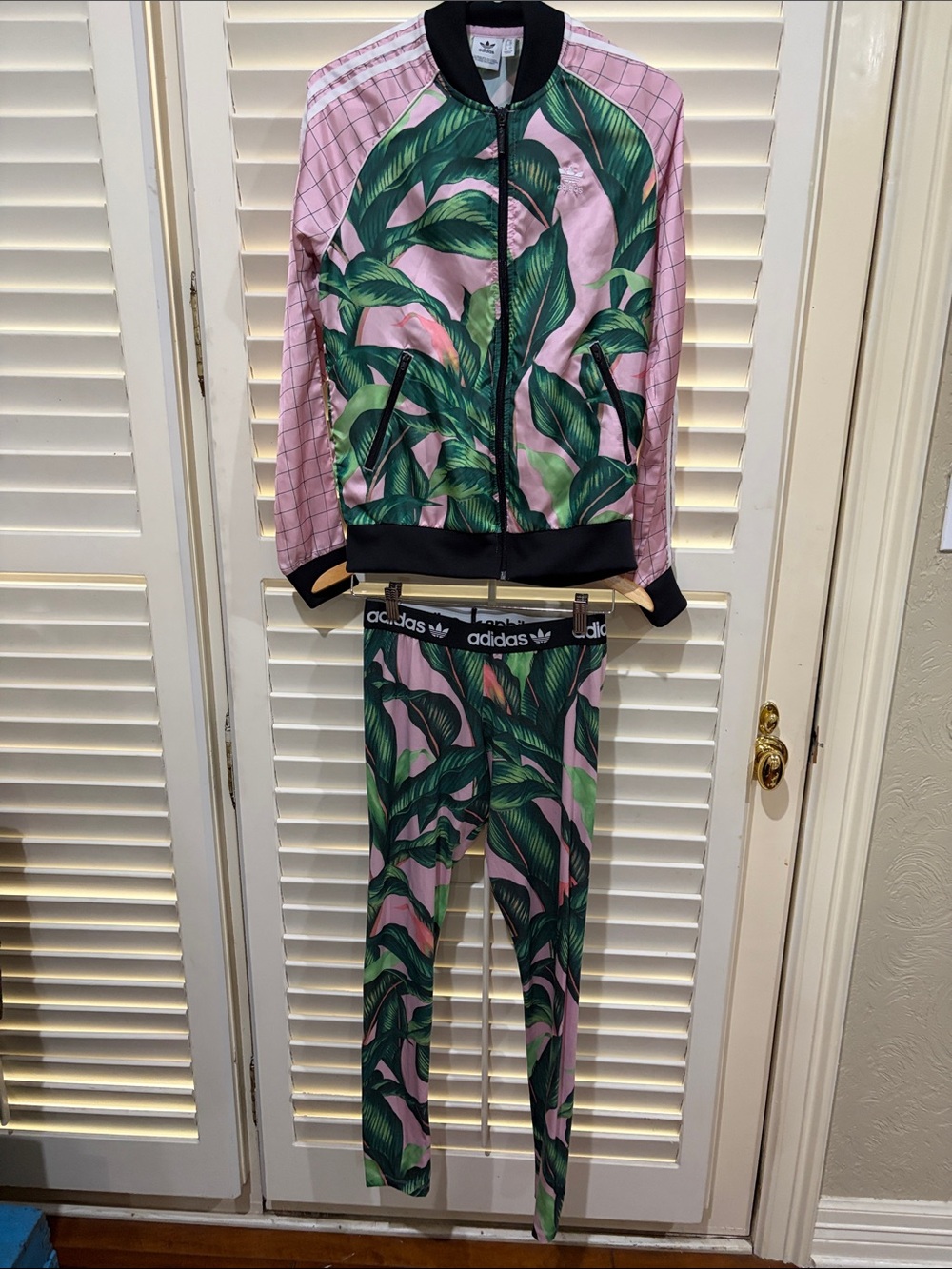 adidas Pink and Green Tropical Print Jogging Suit. Size small